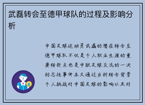 武磊转会至德甲球队的过程及影响分析